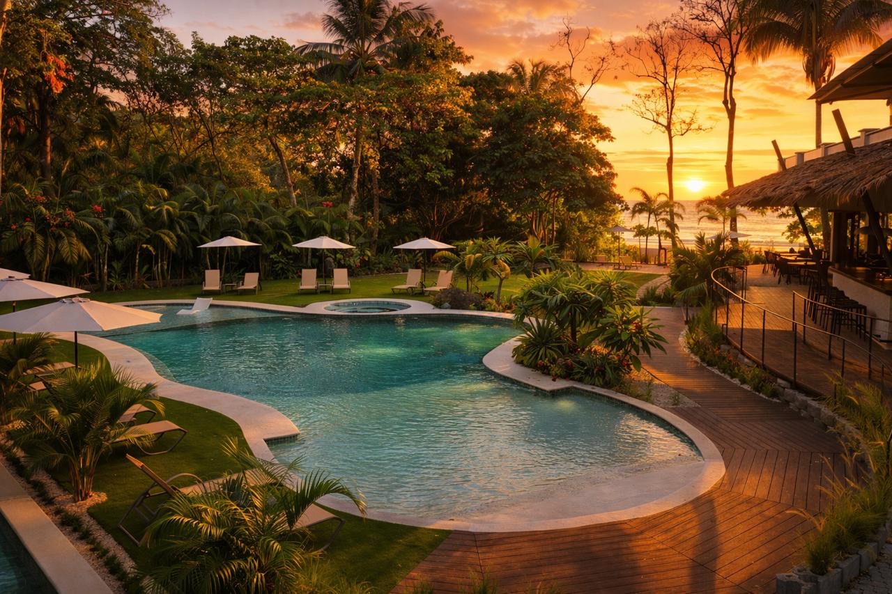 Aerial view of Miamar resort grounds and tropical forest at sunset Manuel Antonio