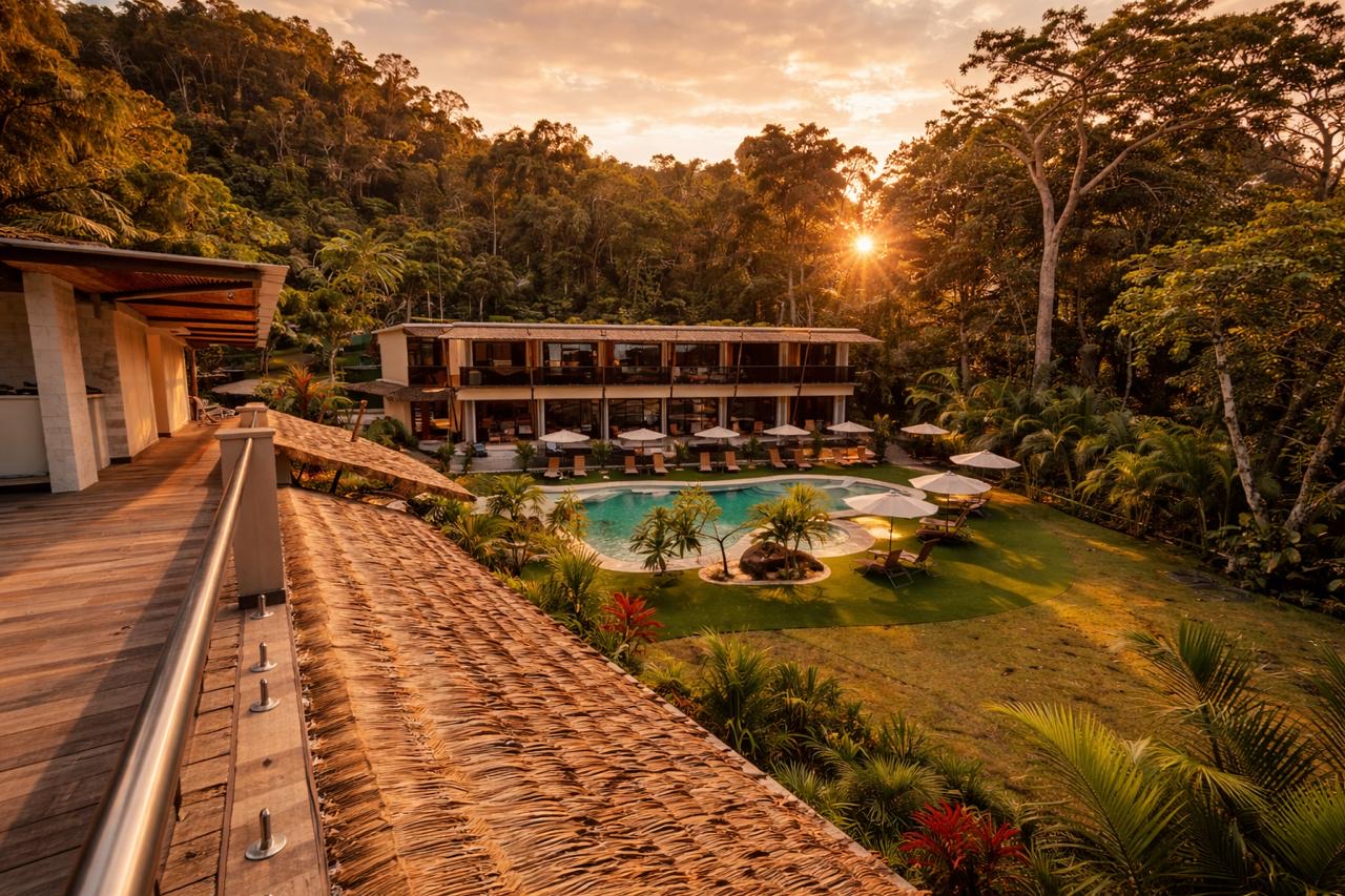 Aerial view of Miamar resort pool complex and surrounding tropical forest